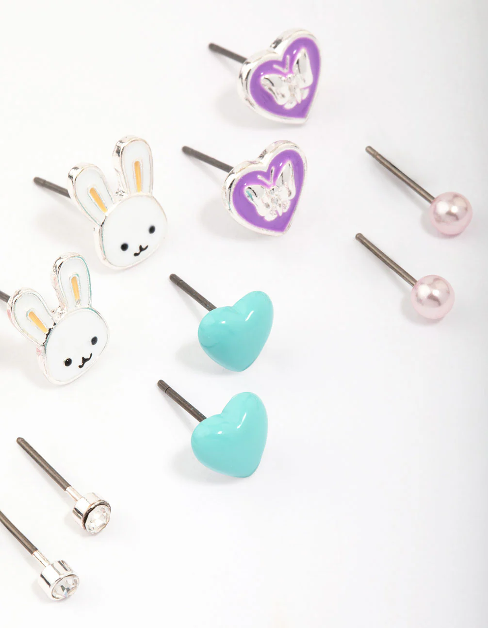Kids Silver Easter Bunny & Heart Stud Earring 6-Pack - Image 2