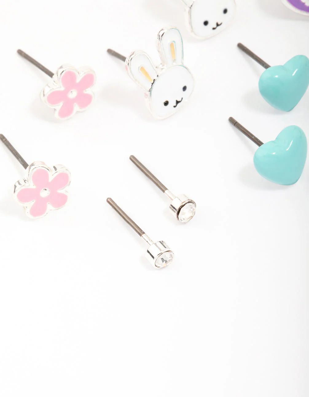 Kids Silver Easter Bunny & Heart Stud Earring 6-Pack - Image 3