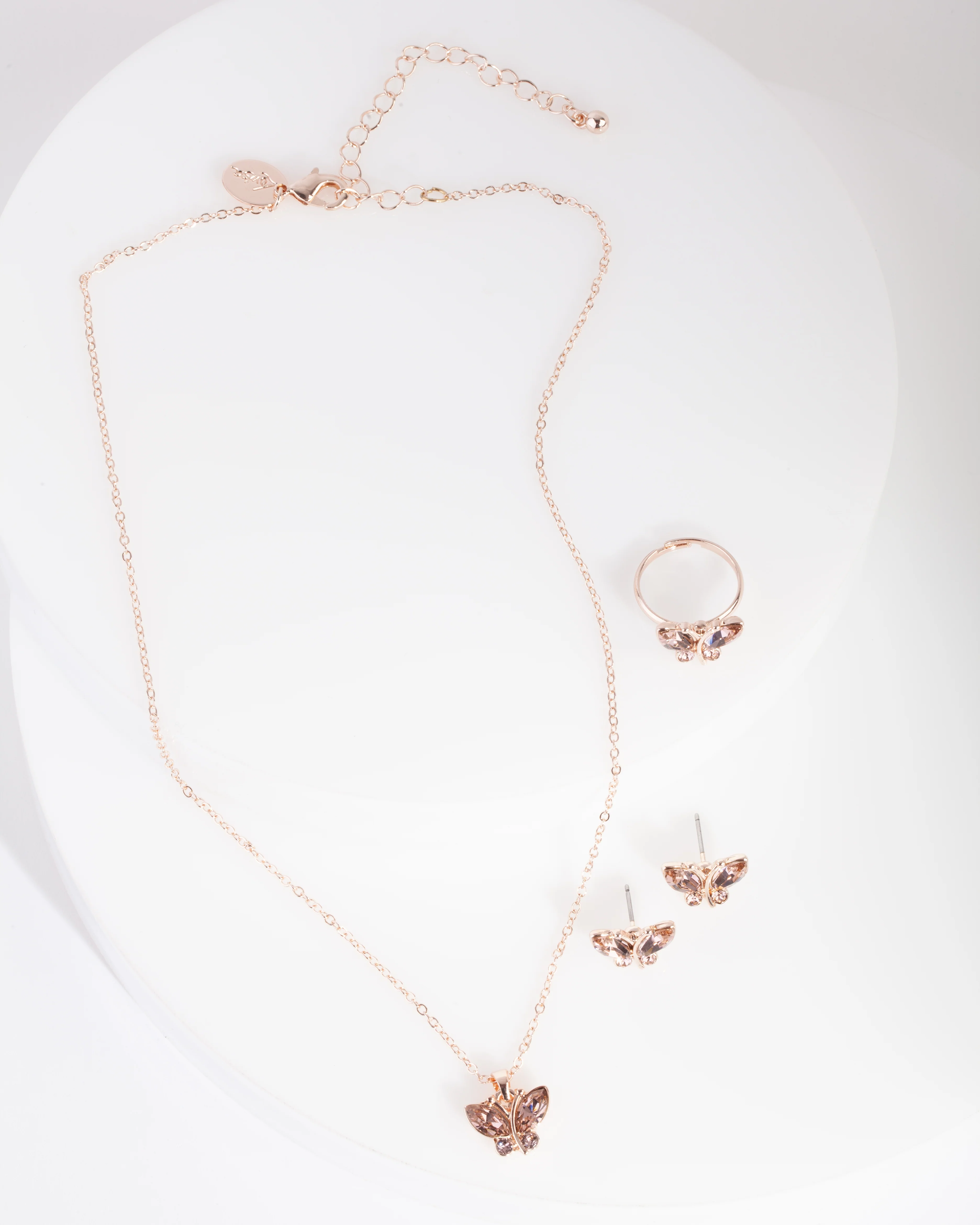 Kids Rose Gold Diamond Simulant Butterfly Jewellery Set - Image 2