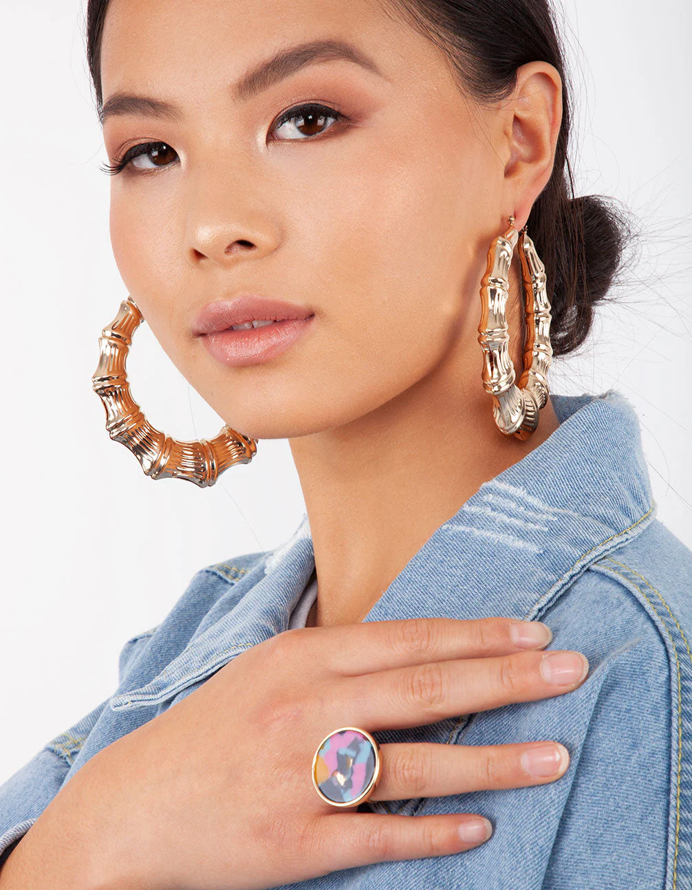 Large Gold Bamboo Hoop Earrings - Image 2