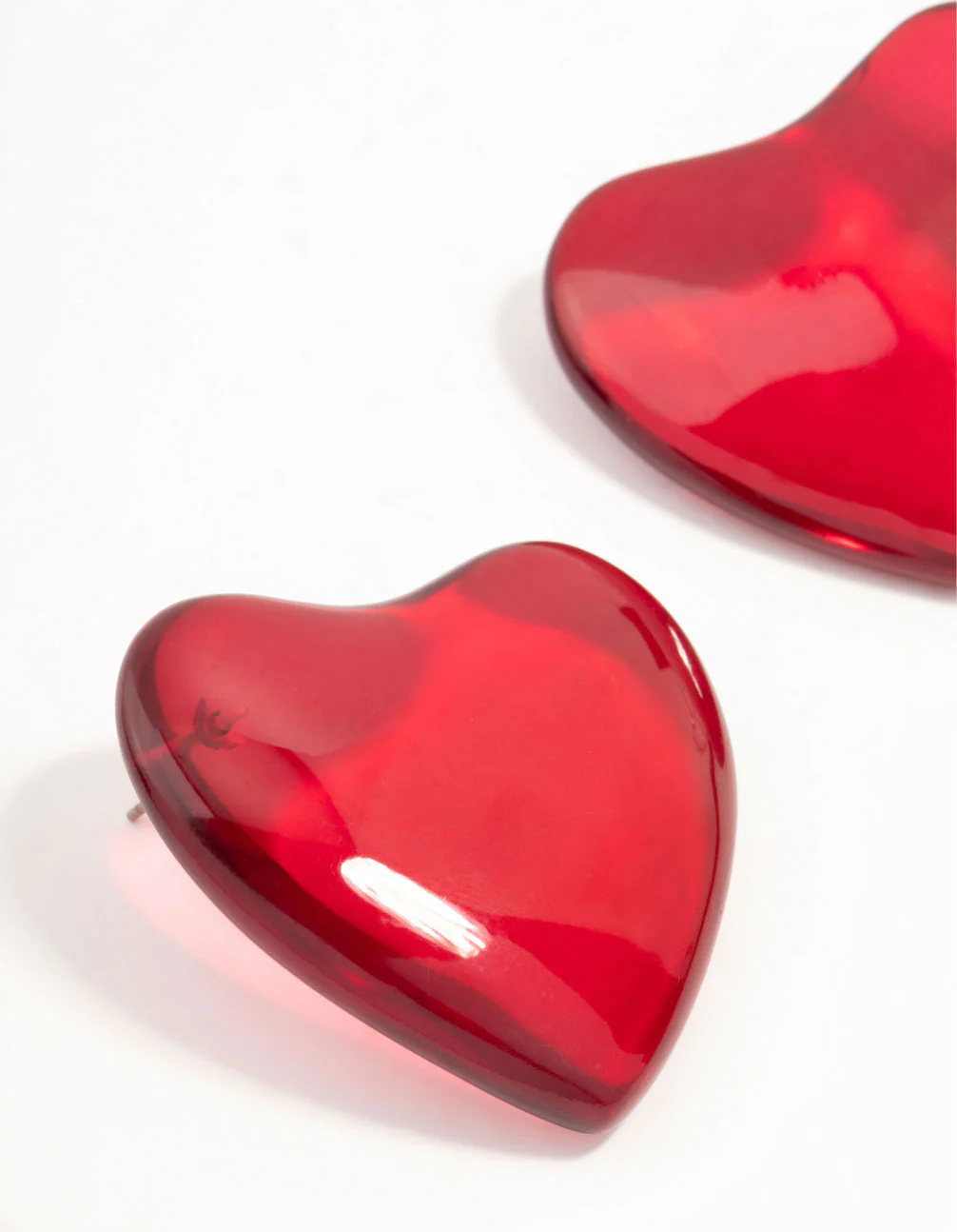 Large Red Acrylic Puffy Heart Stud Earrings - Image 2