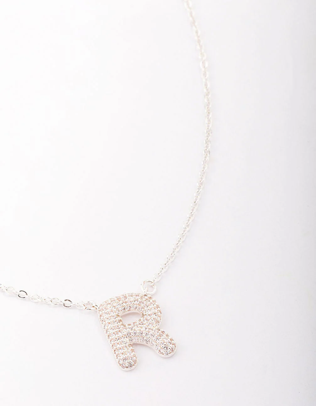 Silver Plated Letter R Pave Pendant  Necklace