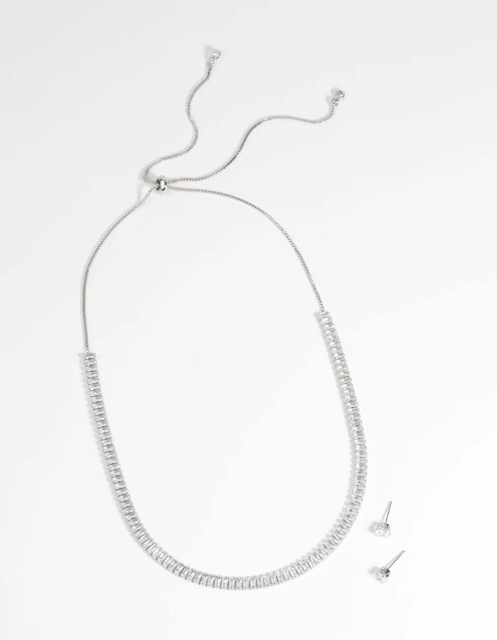 Silver Diamond Simulant Baguette Necklace & Earrings Set - Image 2