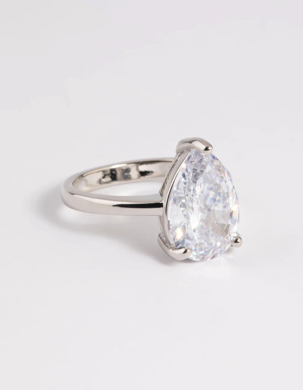 Rhodium Diamond Simulant Teardrop Ring
