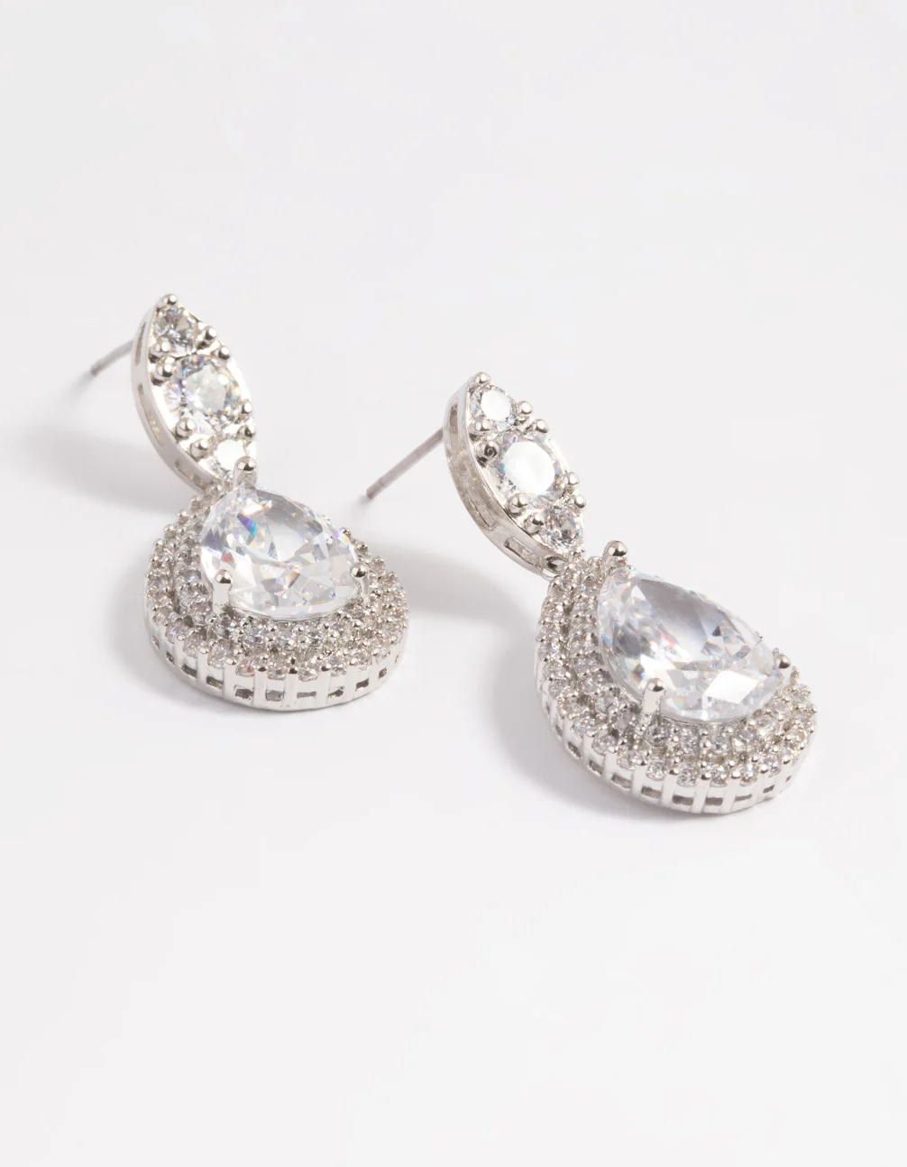 Silver Diamond Simulant Oval Halo Drop Earrings - Image 4