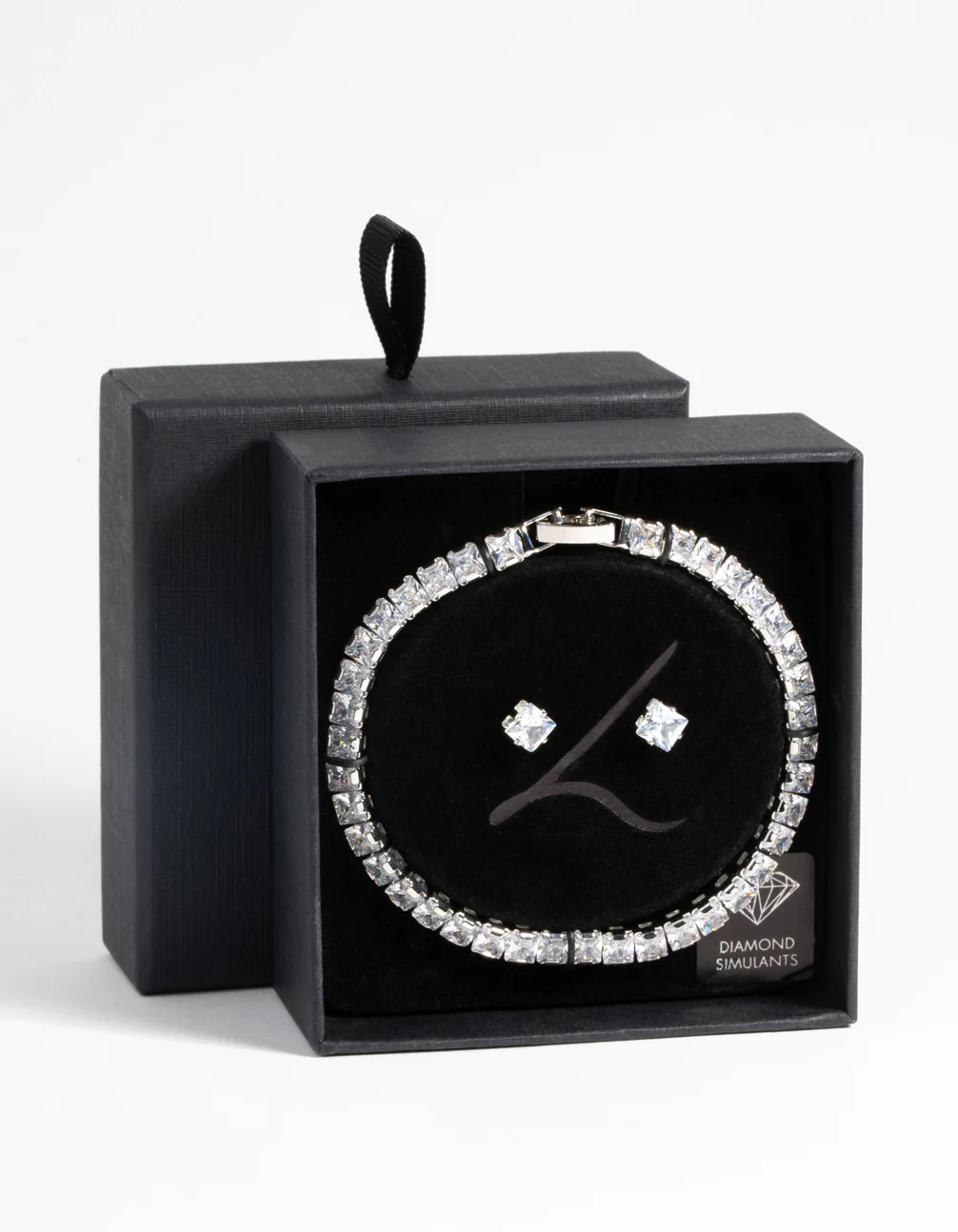 Silver Square Diamond Simulant Bracelet & Earrings Set - Image 3