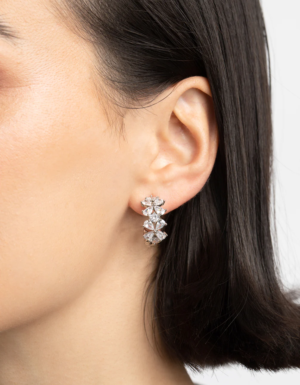 Rhodium Diamond Simulant Floral Hoop Earrings - Image 2
