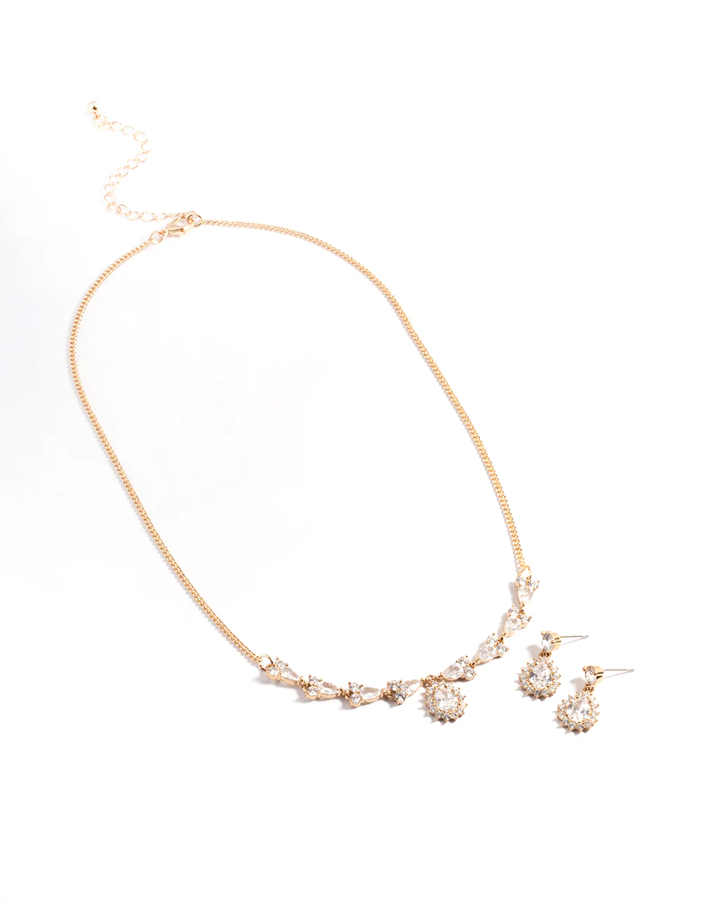 Gold Diamond Simulant Detail Teardrop Earrings & Necklace Set - Image 2