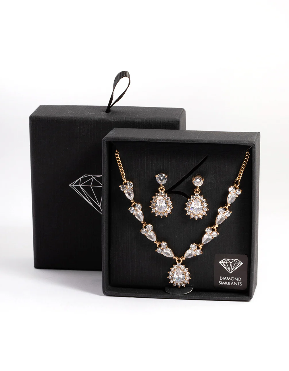 Gold Diamond Simulant Detail Teardrop Earrings & Necklace Set - Image 3