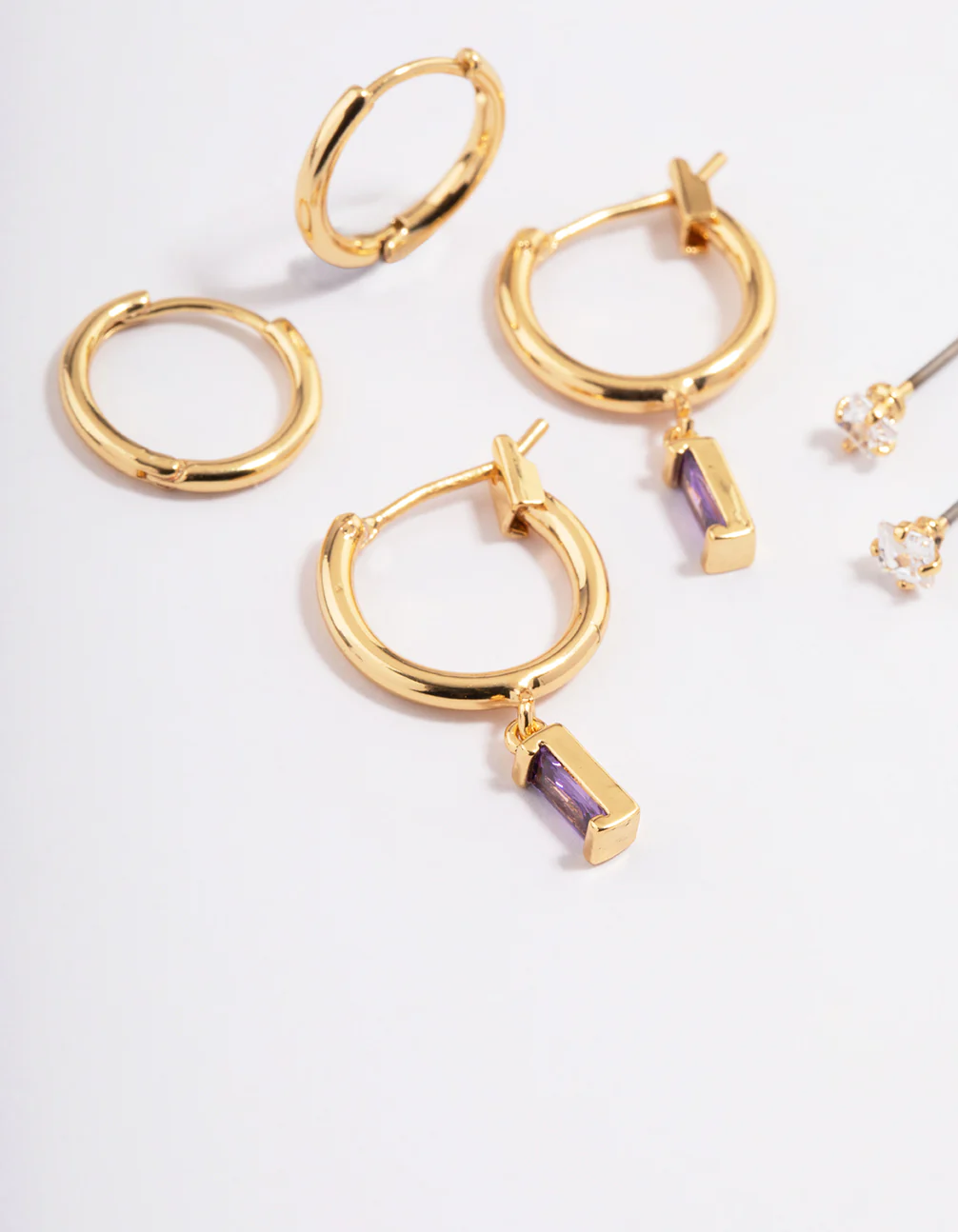 Gold Plated Brass Cubic Zirconia Amethyst Cut Huggie Earrings 6-Pack - Image 2