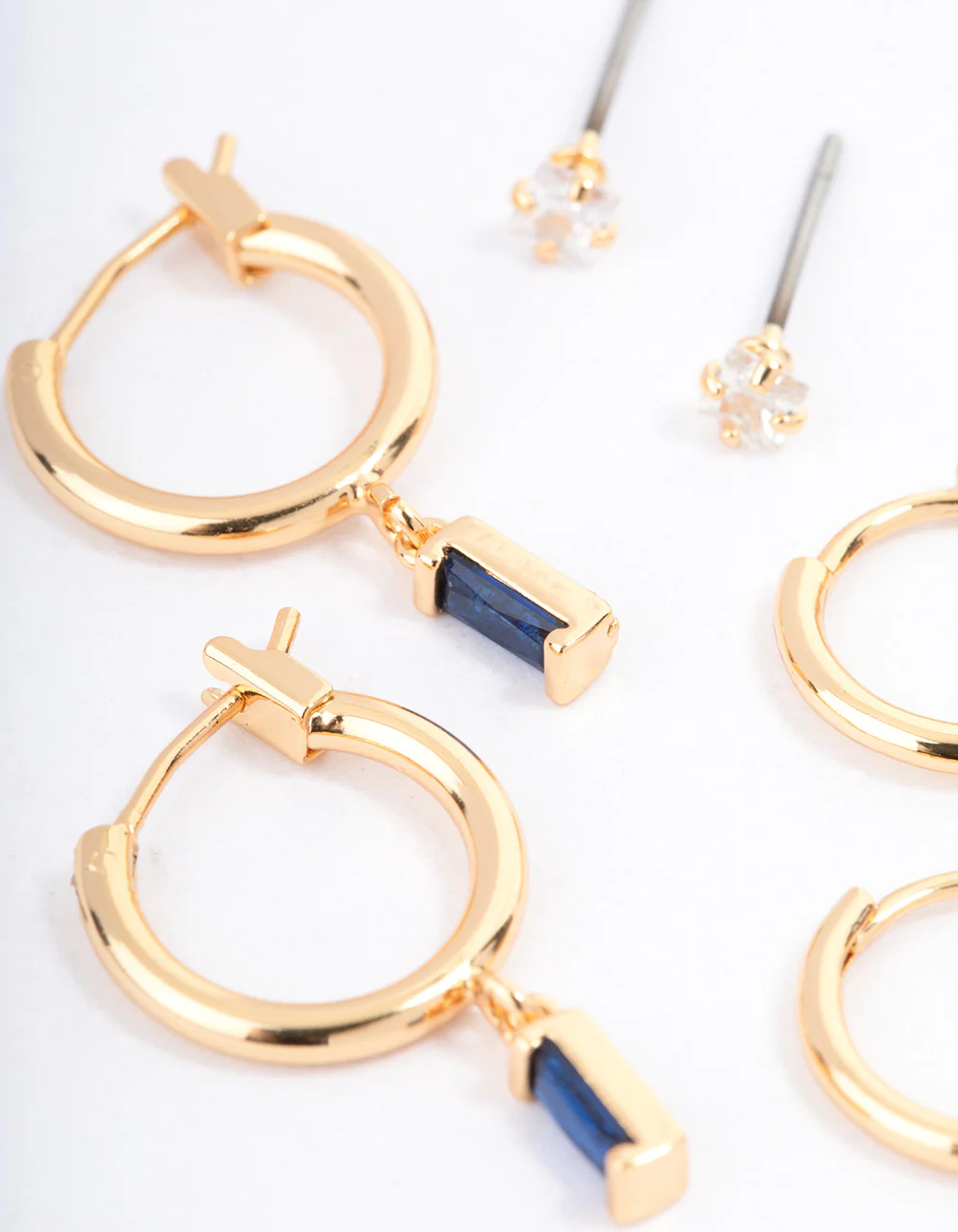Gold Plated Brass Cubic Zirconia Emerald Cut Huggie Earrings Pack - Image 2