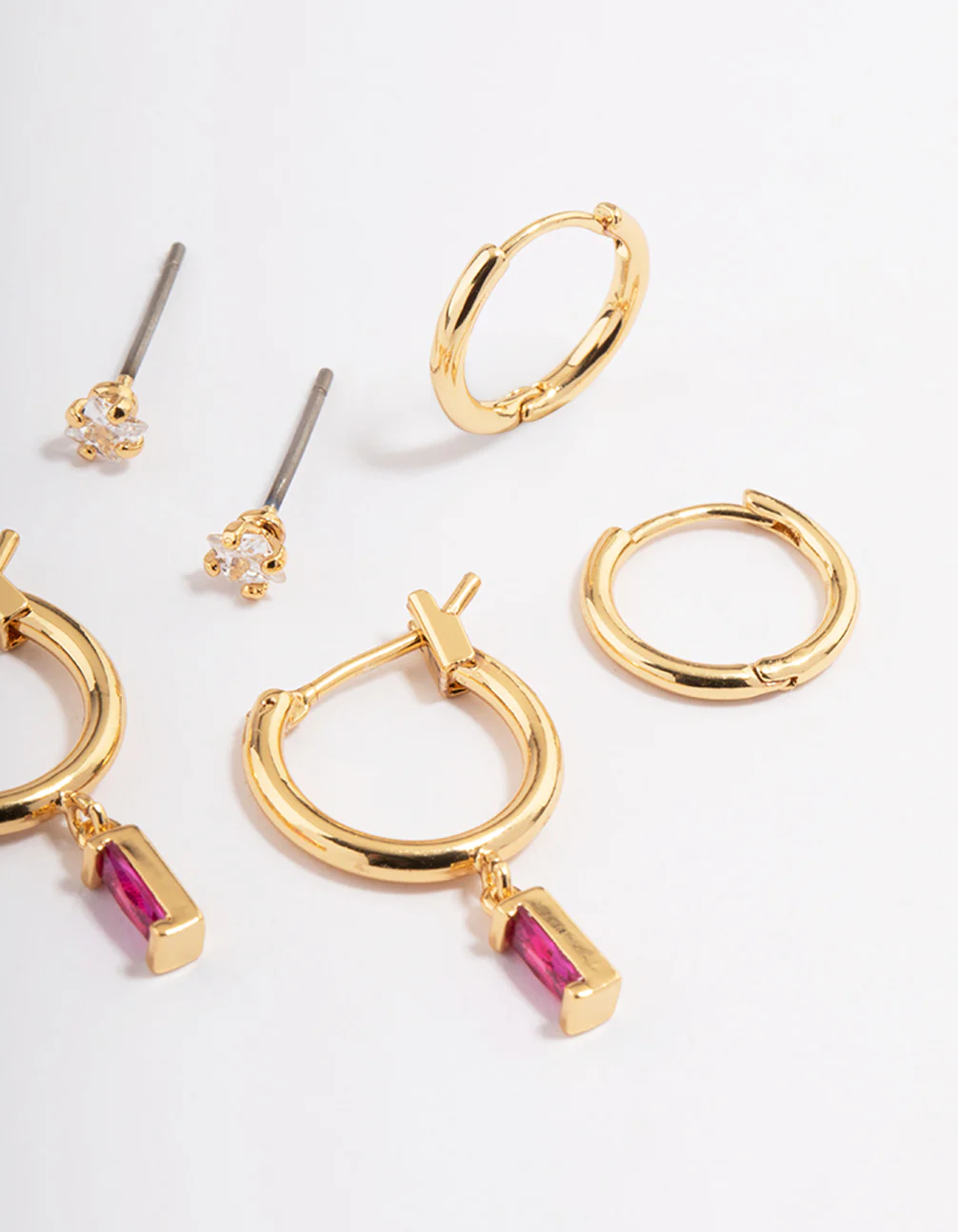 Gold Plated Brass Cubic Zirconia Fuschia Cut Hoop Earrings 6-Pack - Image 3