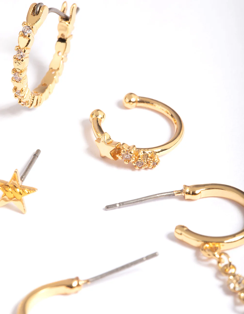 Gold Plated Brass Cubic Zirconia Chain Earring Stack 6-Pack - Image 3