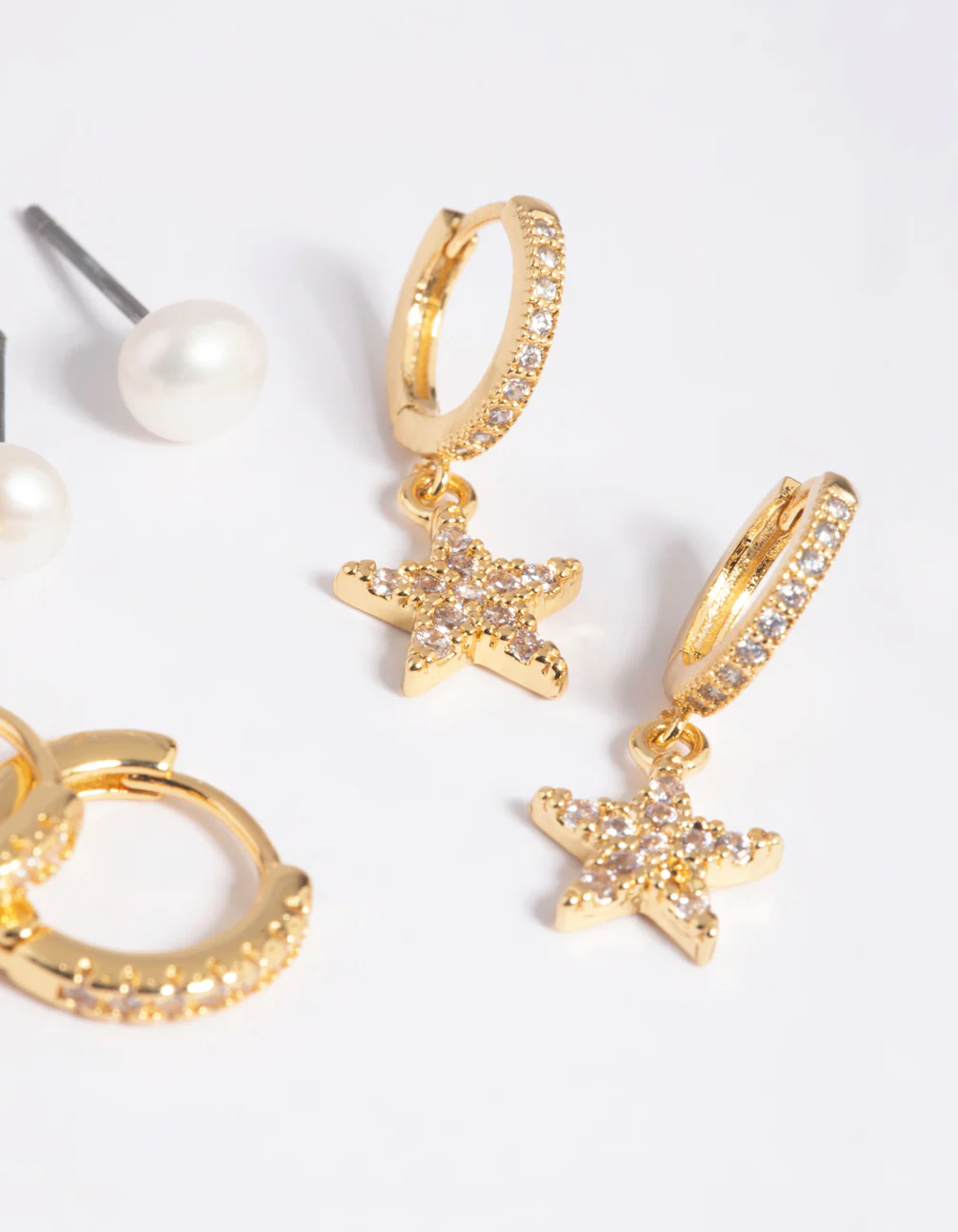 Gold Plated Brass Cubic Zirconia Pearl & Star Earring Stack 6-Pack - Image 3