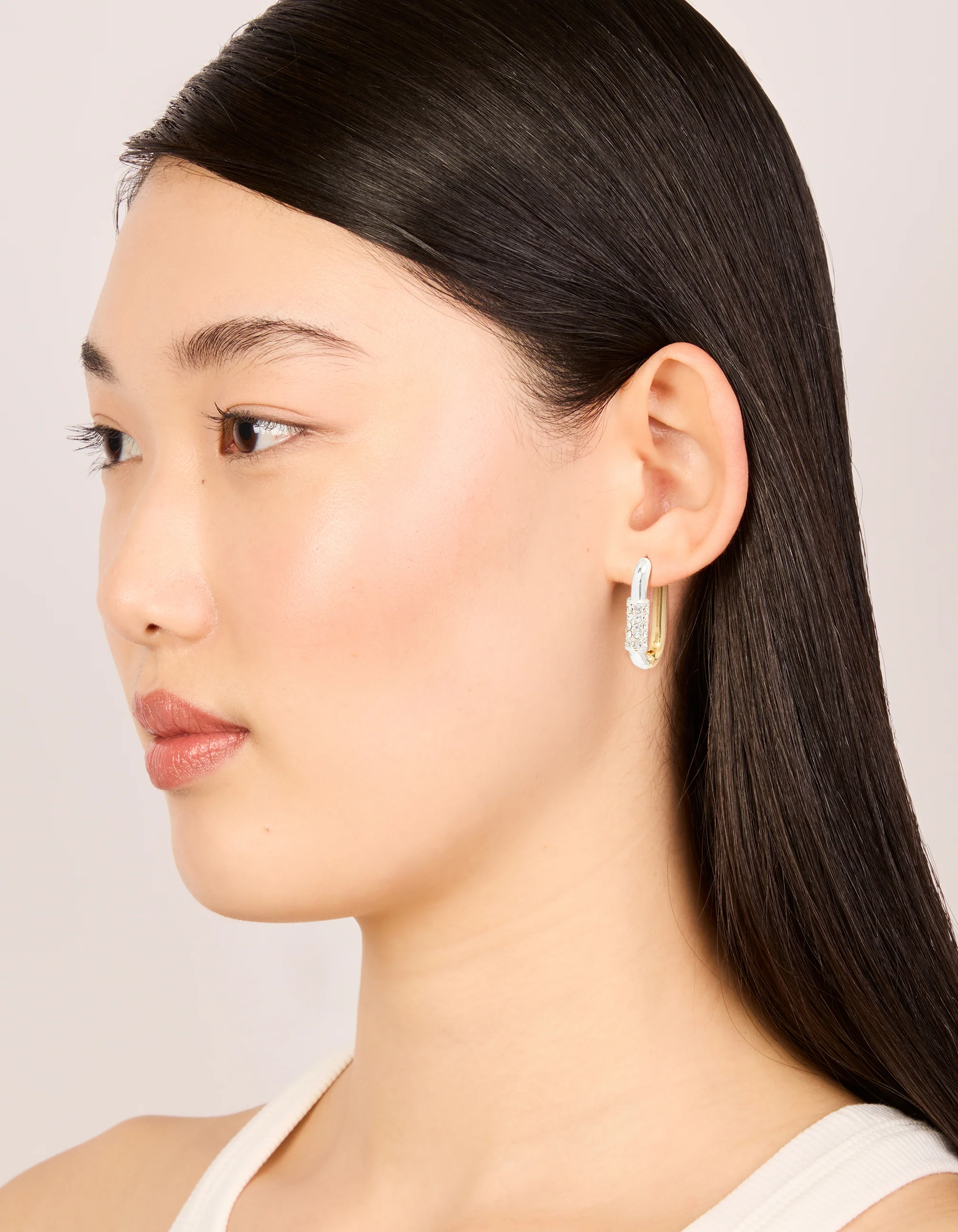 Mixed Metal Plated Diamante Small Carabiner Huggie Earrings - Image 3