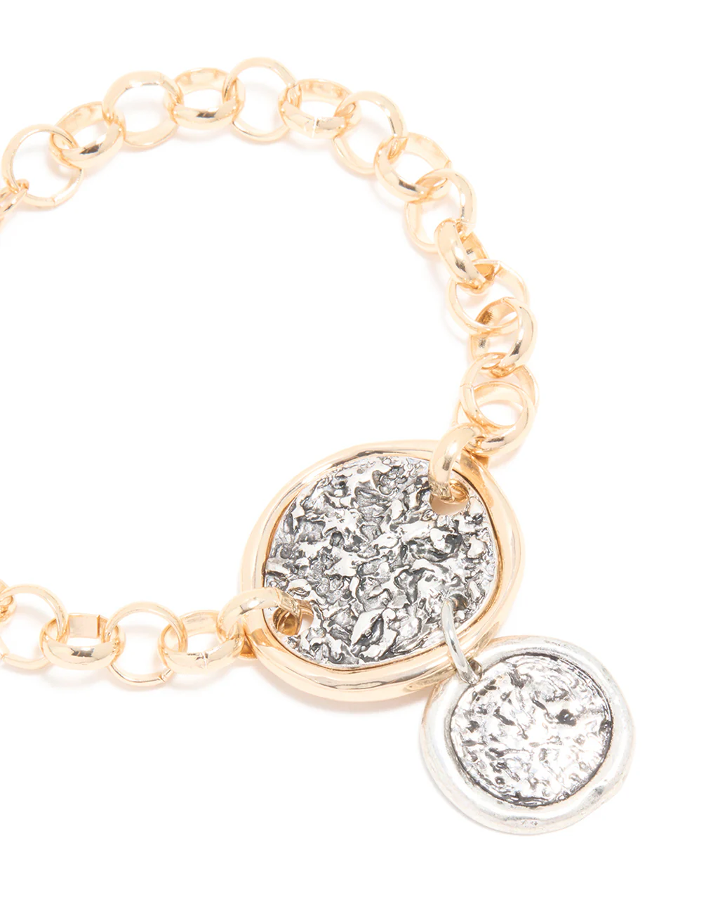 Mixed Metal Textured Disc Drop Charm Bracelet - Image 4