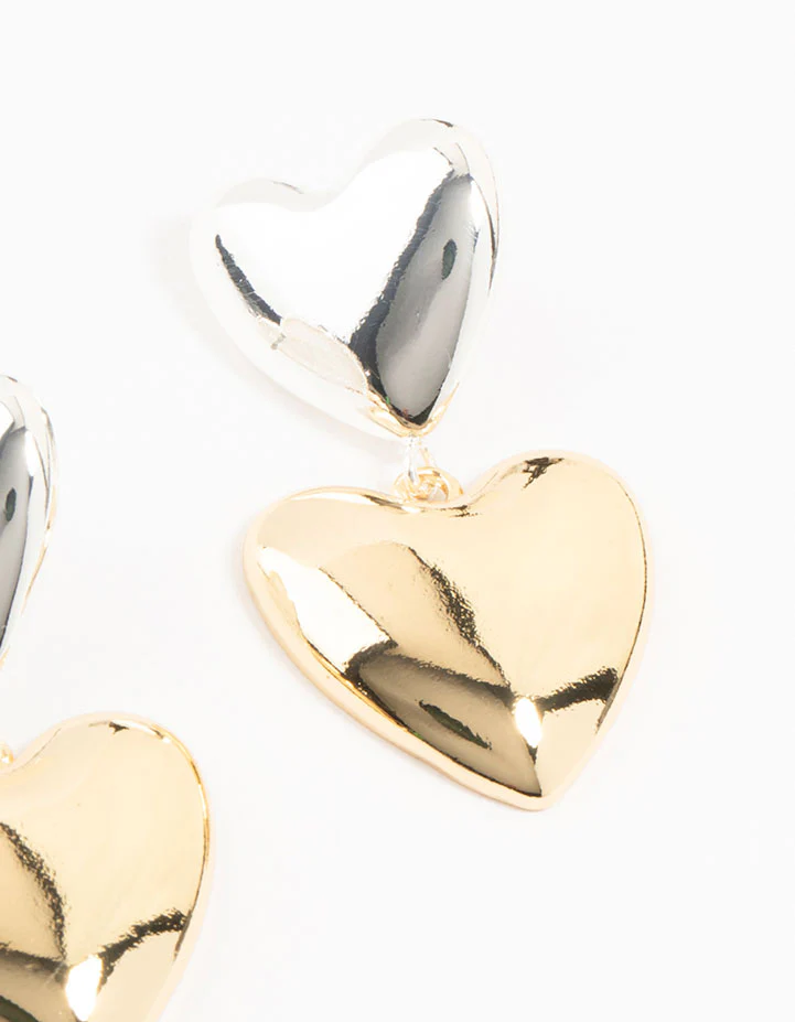 Mixed Metals Double Heart Drop Stud Earrings - Image 3