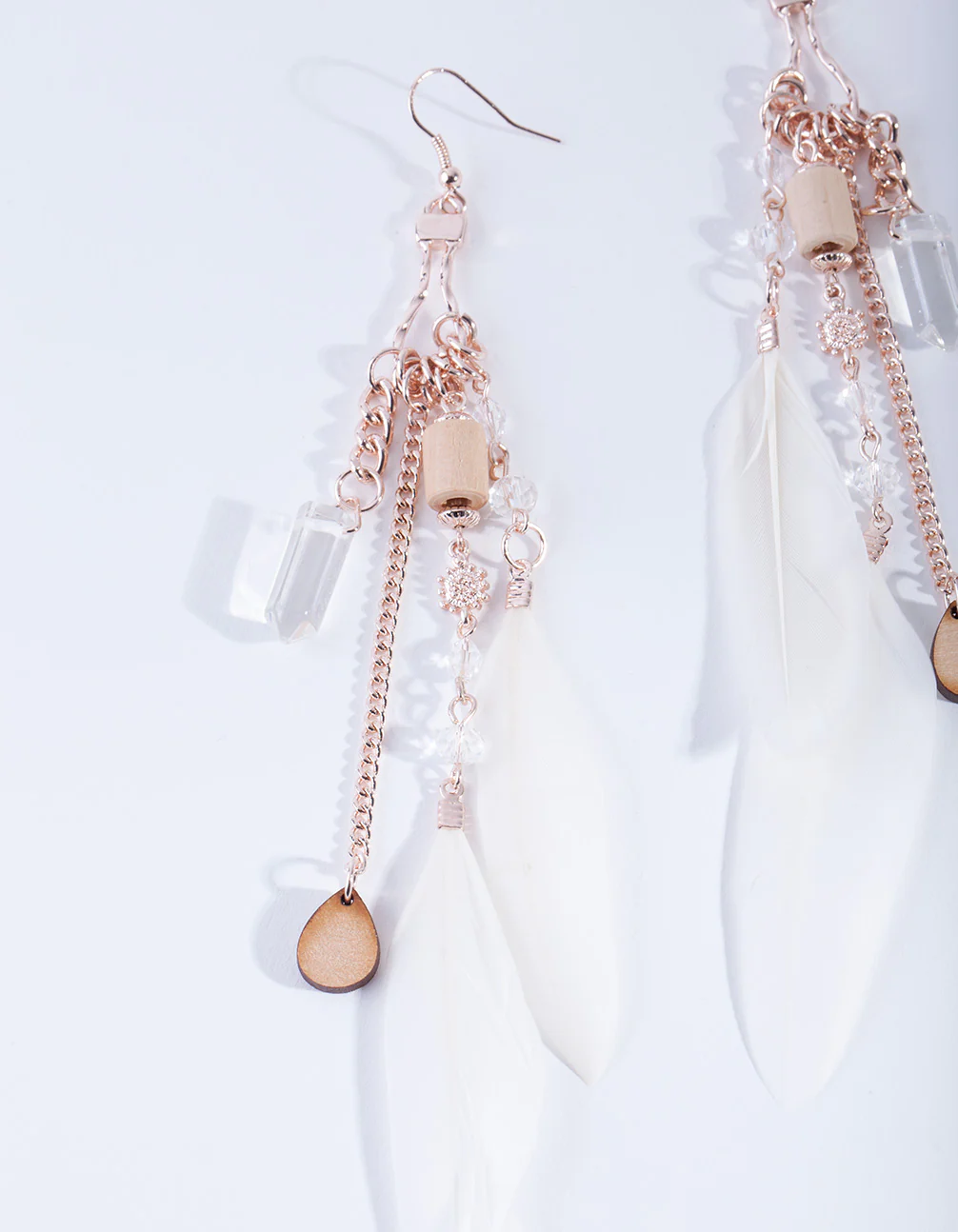 Rose Gold Feather Diamante Drop Earrings - Image 2