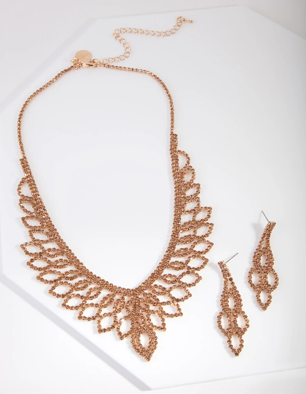 Brown Gold Diamante Earrings Necklace Set - Image 2