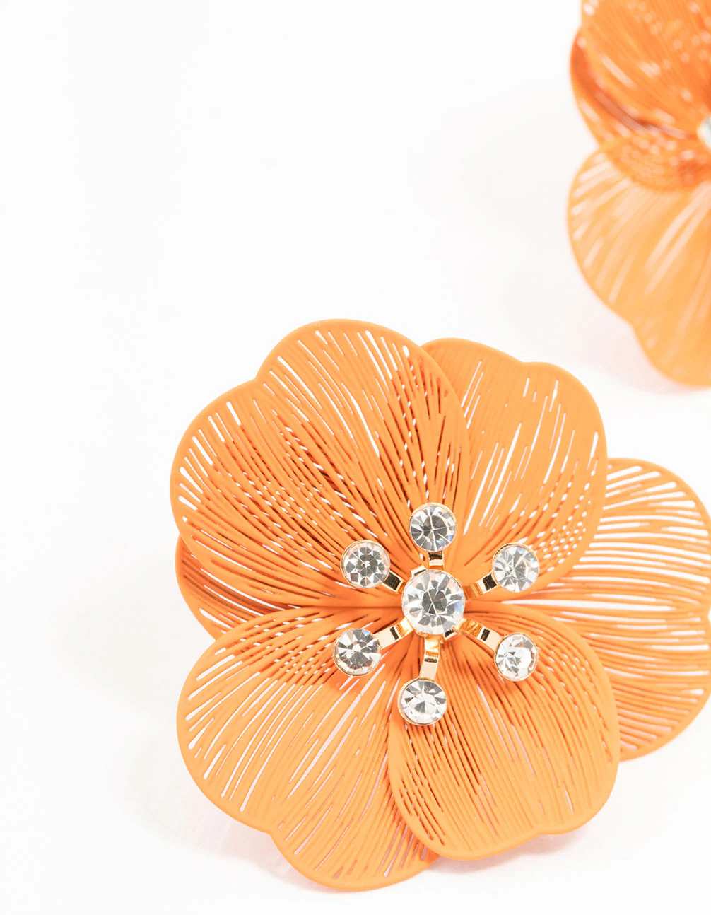 Orange Coated Textured Flower Diamante Stone Earrings - Image 2