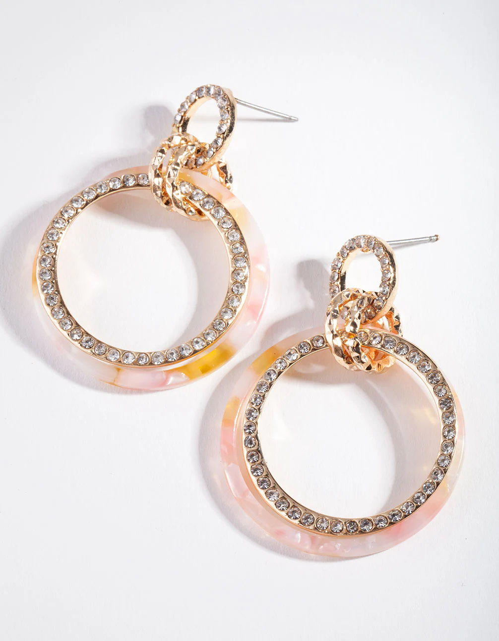 Gold Pink Diamante Acrylic Loop Earrings