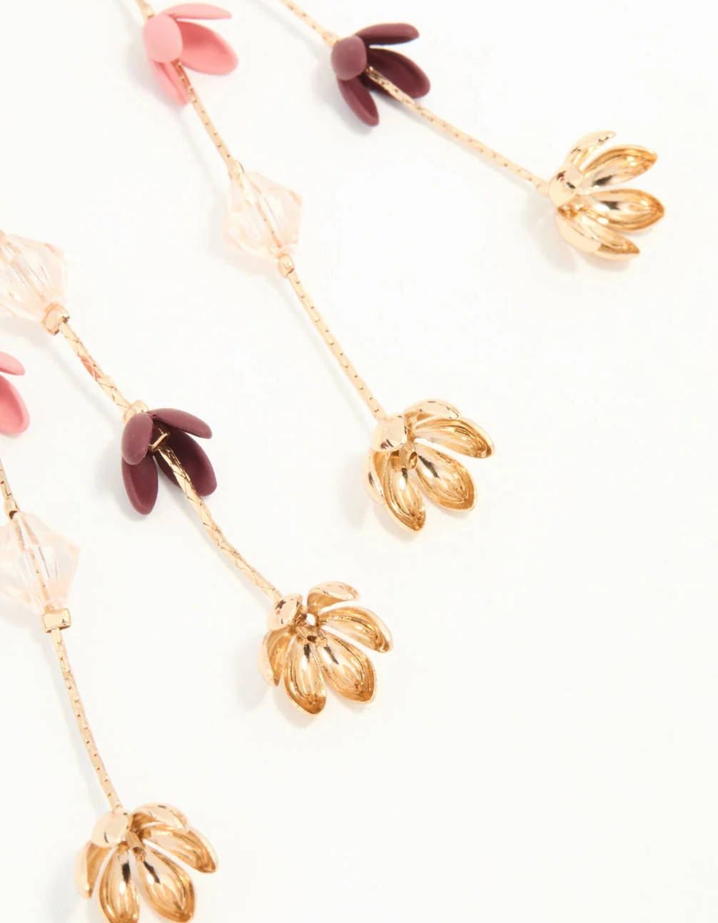 Pink & Purple Flowers Gold Drop Earrings - Image 3