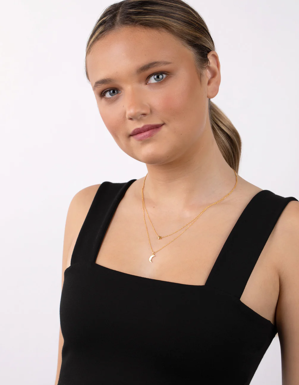 Gold Plated Sterling Silver Moon & Star Double Layer Necklace - Image 5