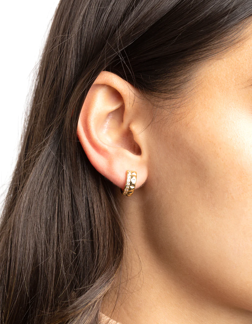 Gold Plated Cubic Zirconia Textured Huggie Hoop Earrings - Image 2