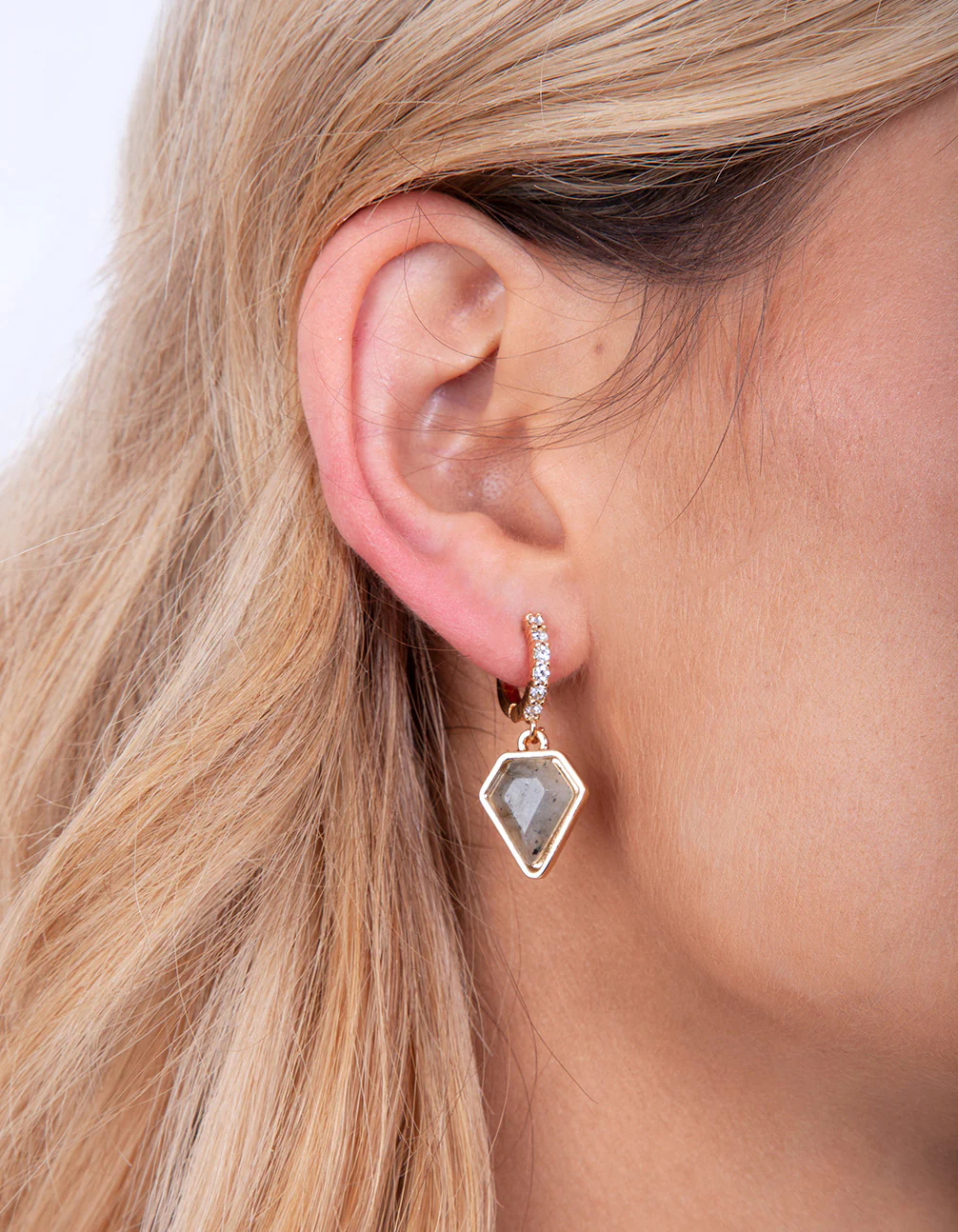 Gold Plated Labradorite Quartz & Diamante Huggie Earrings - Image 3