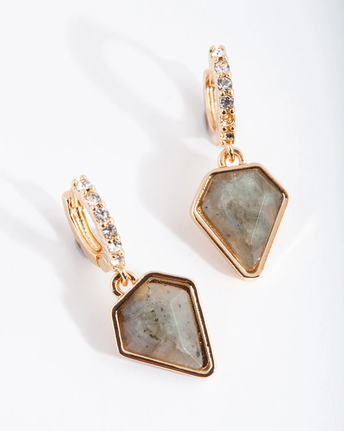 Gold Plated Labradorite Quartz & Diamante Huggie Earrings - Image 4
