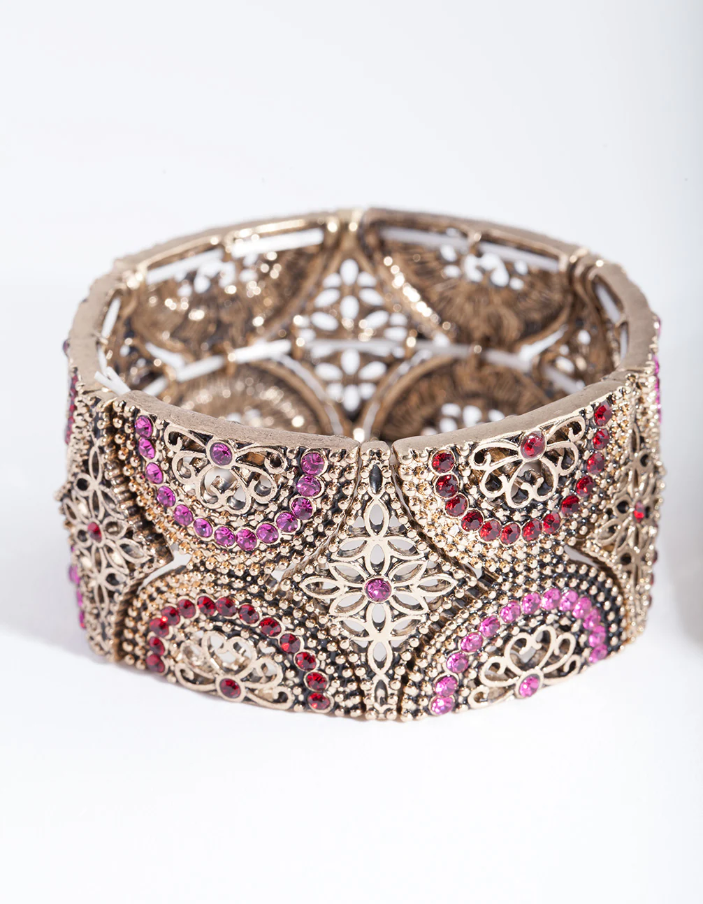 Antique Gold Red Filigree Diamante Stretch Bracelet - Image 3