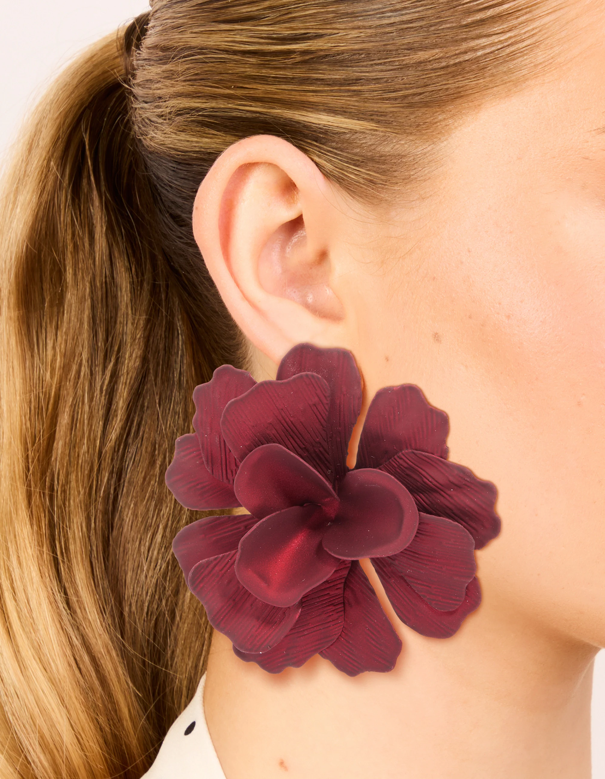 Red Coated Metal Textured Flower Large Stud Earrings - Image 2