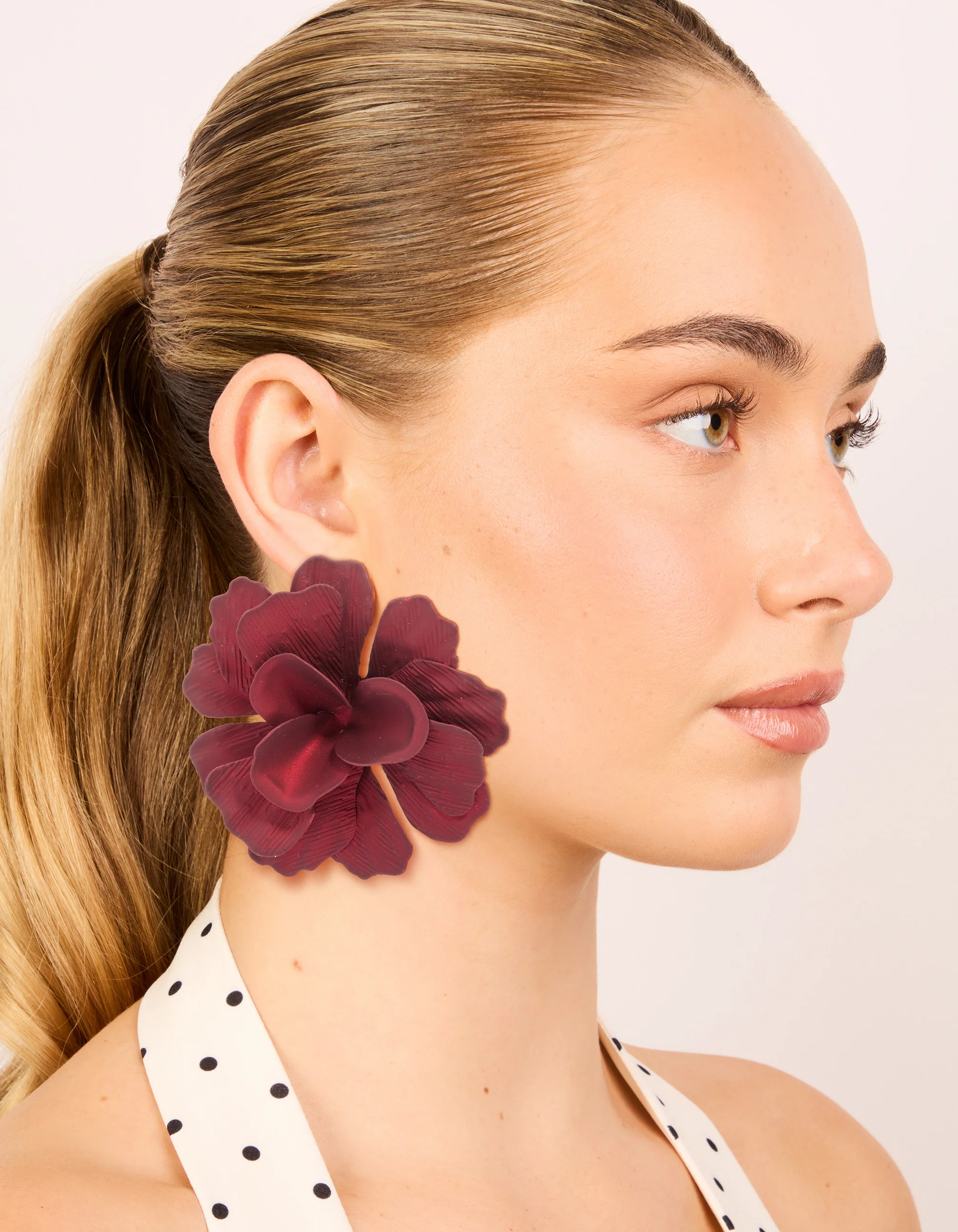 Red Coated Metal Textured Flower Large Stud Earrings - Image 4