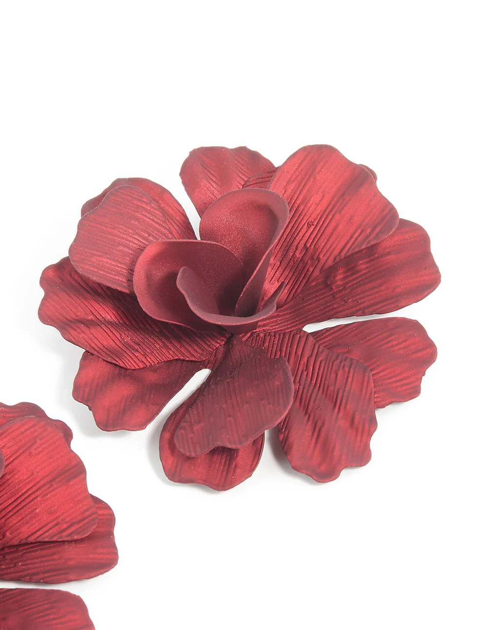 Red Coated Metal Textured Flower Large Stud Earrings - Image 5