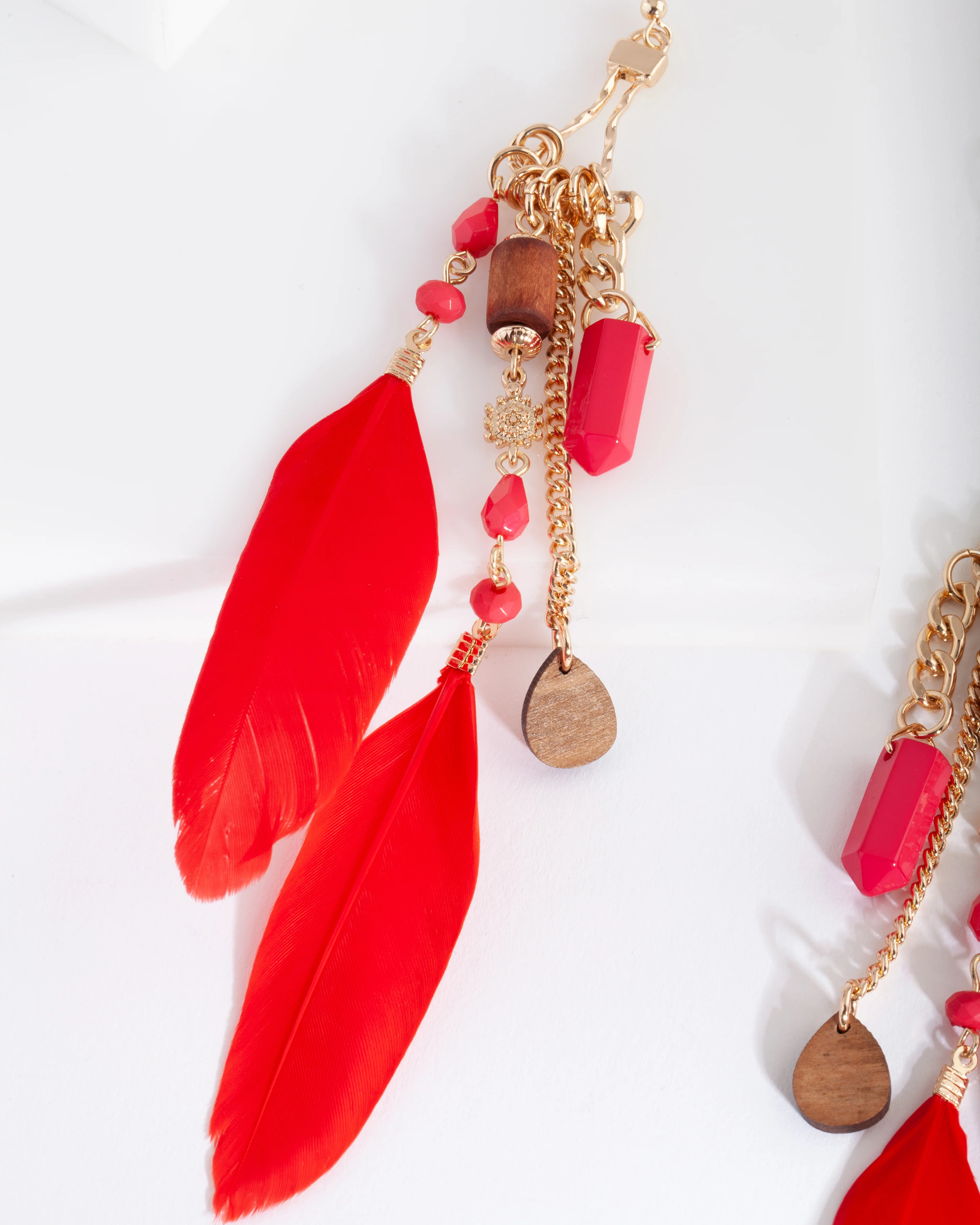 Red Mixed Feather Bead Earrings - Image 2