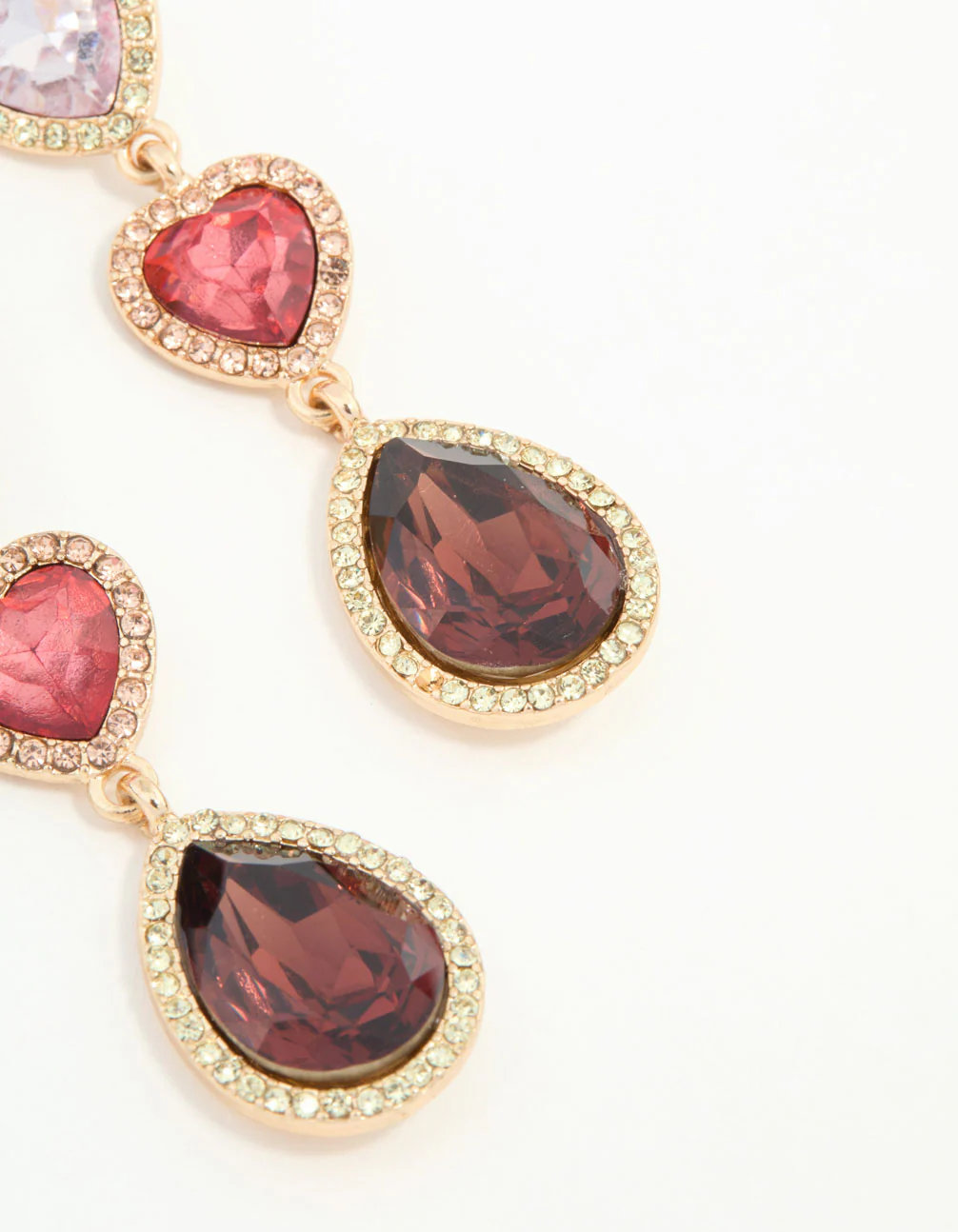 Red & Pink Diamante Heart Teardrop Gold Earrings - Image 3