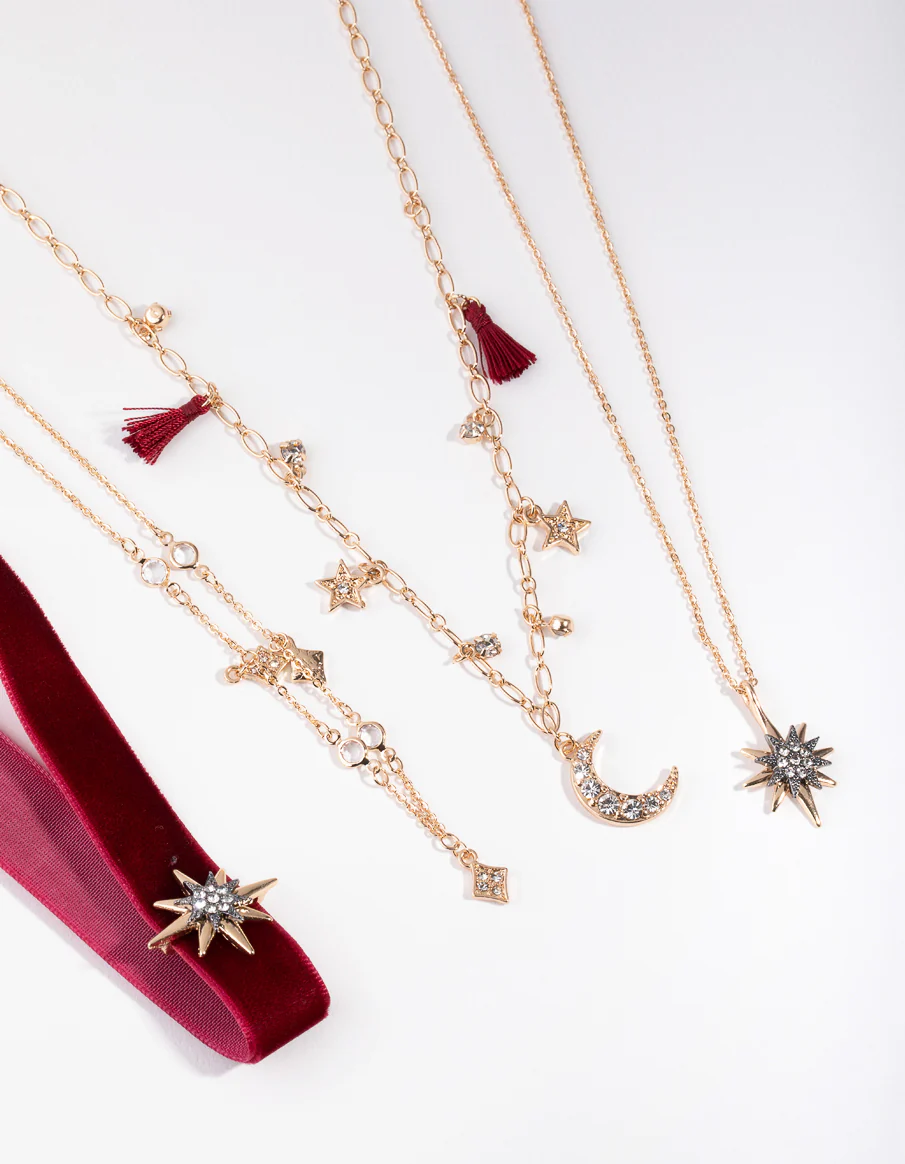 Red Gold Celestial 4-Row Necklace - Image 5