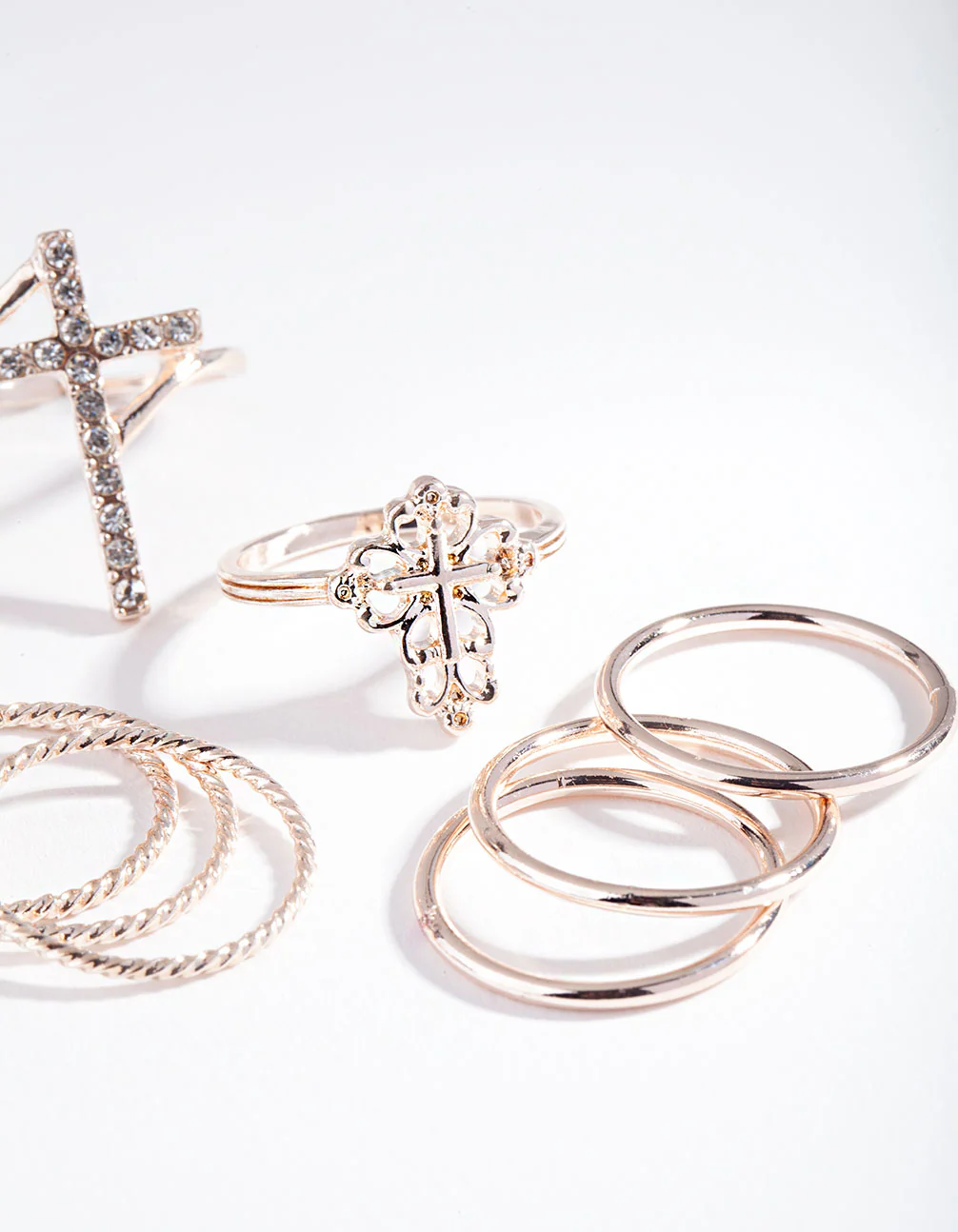 Rose Gold Cross & Pearl Ring 7-Pack - Image 3
