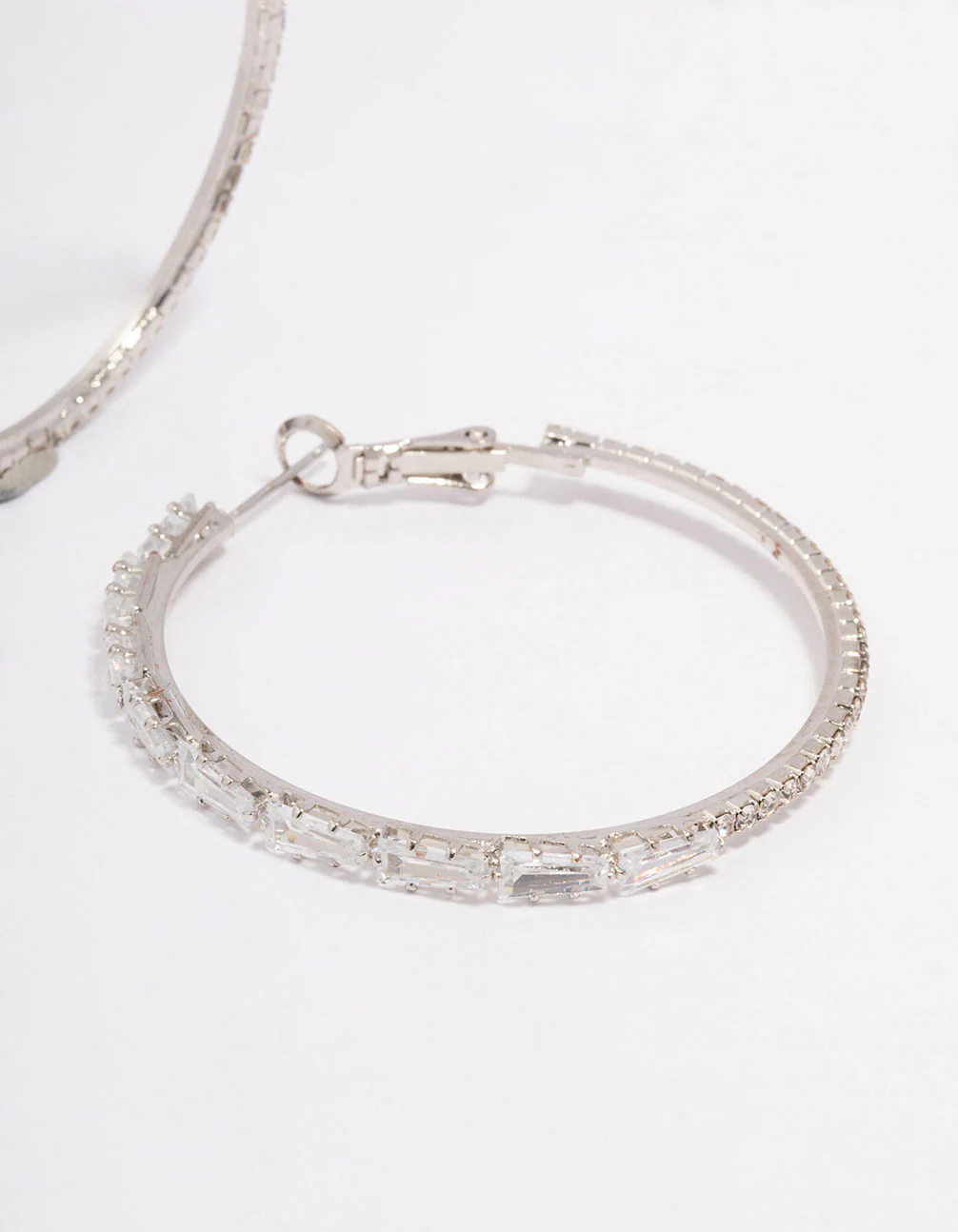 Silver Cubic Zirconia Baguette Stone Hoop Earrings - Image 3