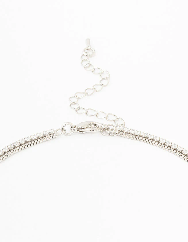 Silver Cubic Zirconia Double Row Pearl Pendant Necklace - Image 3
