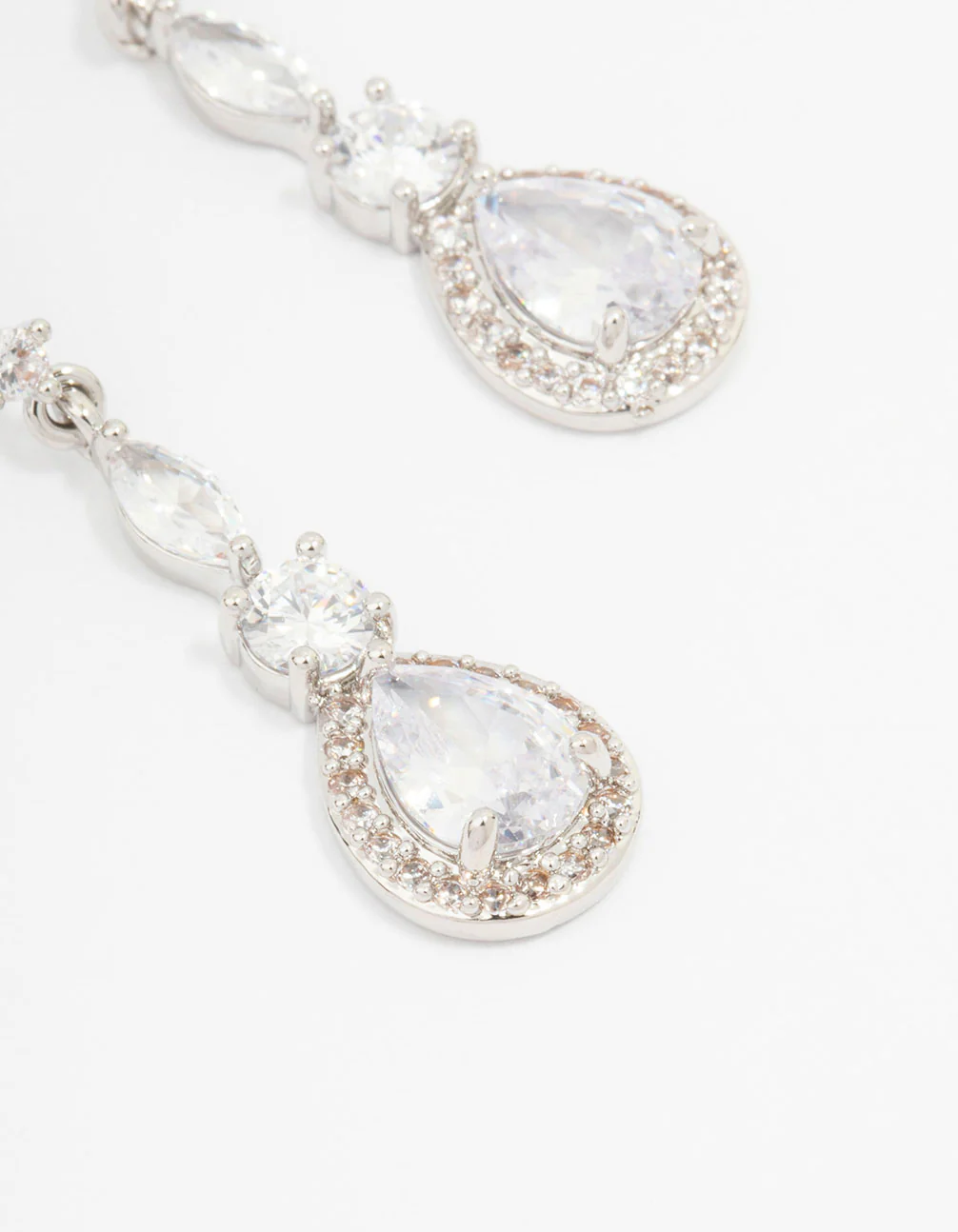 Silver Cubic Zirconia Pear Halo Drop Earrings - Image 2