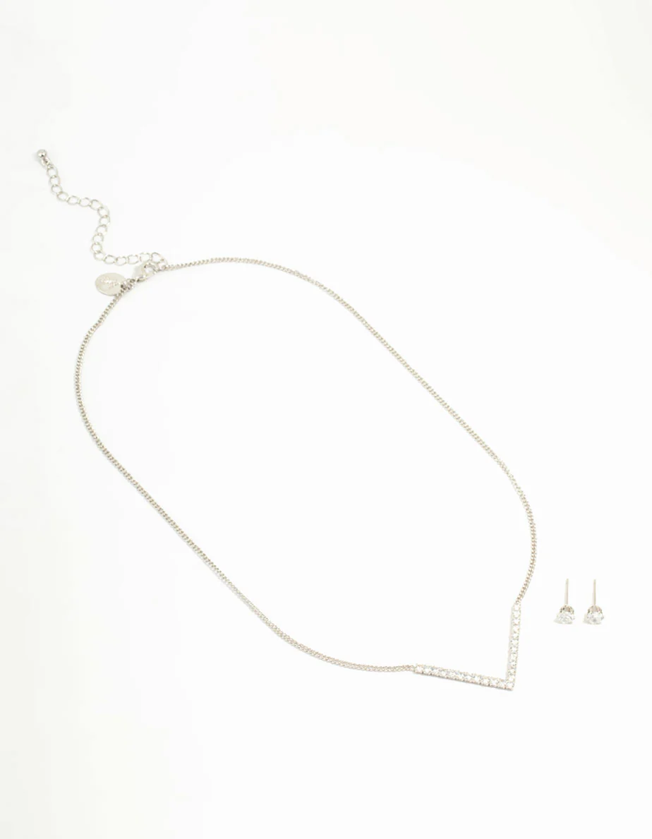 Silver Cubic Zirconia V-Necklace & Stud Earrings Set - Image 3