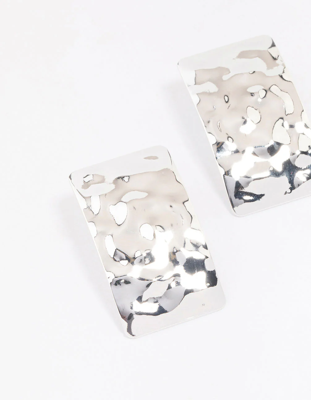 Silver Hammered Rectangular Stud Earrings - Image 2
