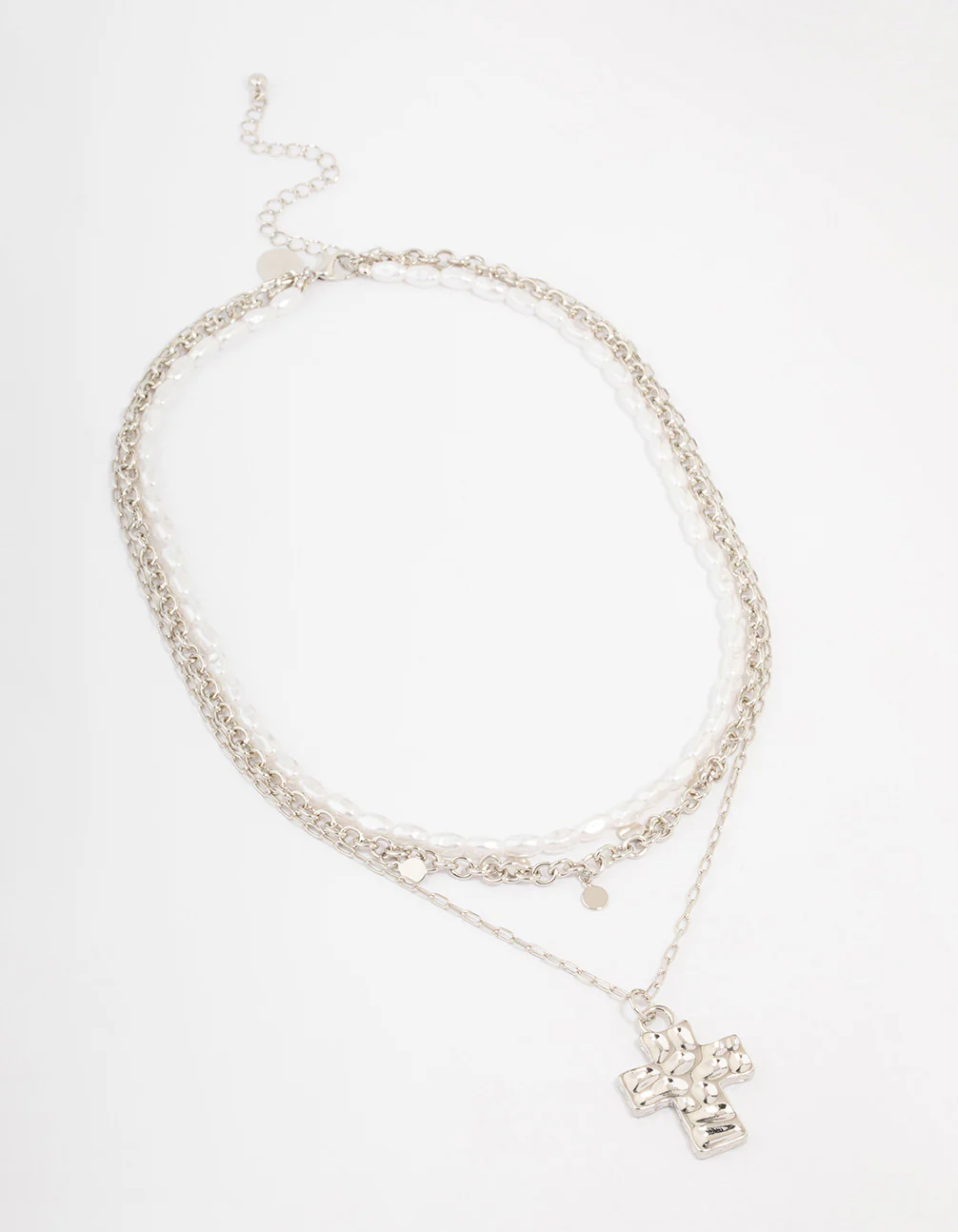 Silver Layered Pearl Cross Necklace - Image 2