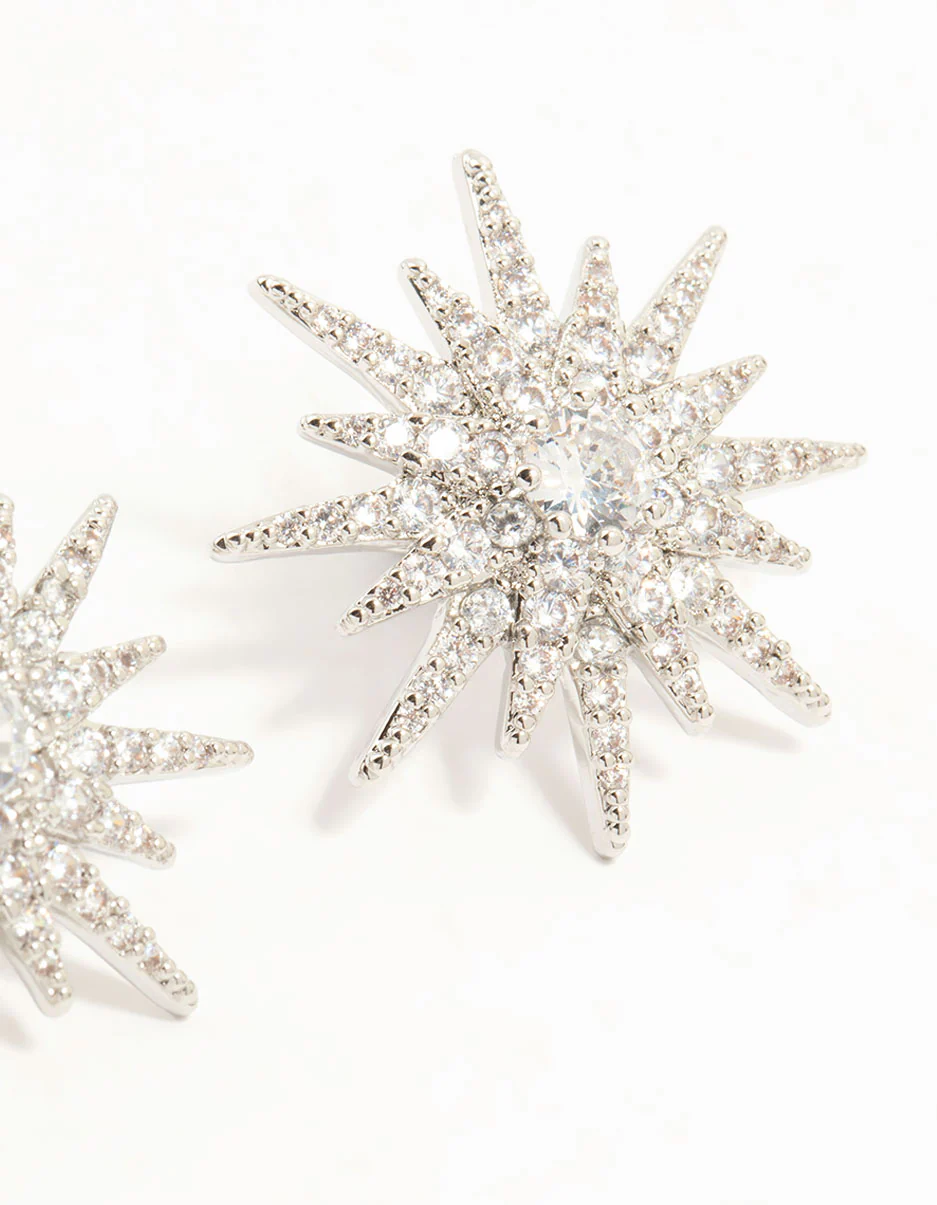 Silver Cubic Zirconia Spiky Star Stud Earrings - Image 5