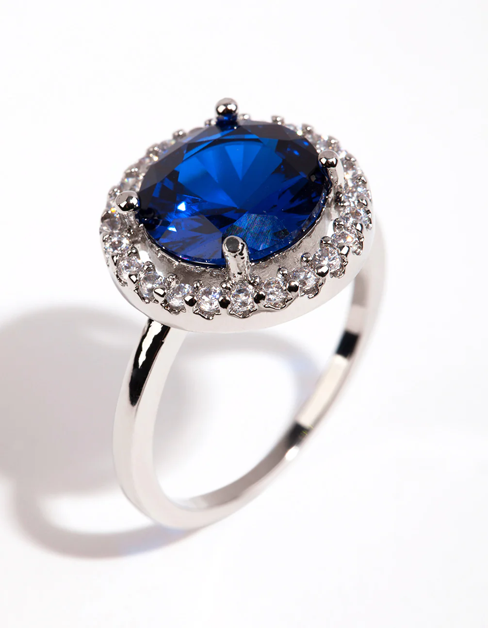 Silver Sapphire Cubic Zirconia Halo Ring