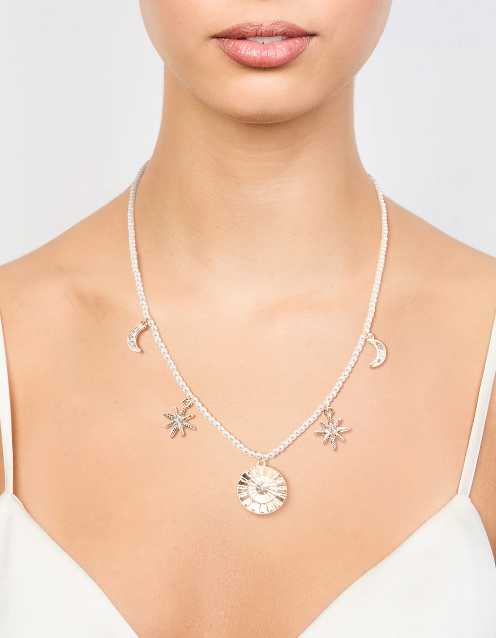 Rose Gold Acrylic Pearl Celestial Diamante Charm Necklace - Image 2
