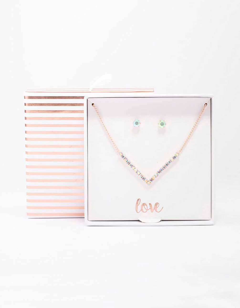 Rose Gold Cubic Zirconia V-Shaped Necklace & Stud Earring Set - Image 2