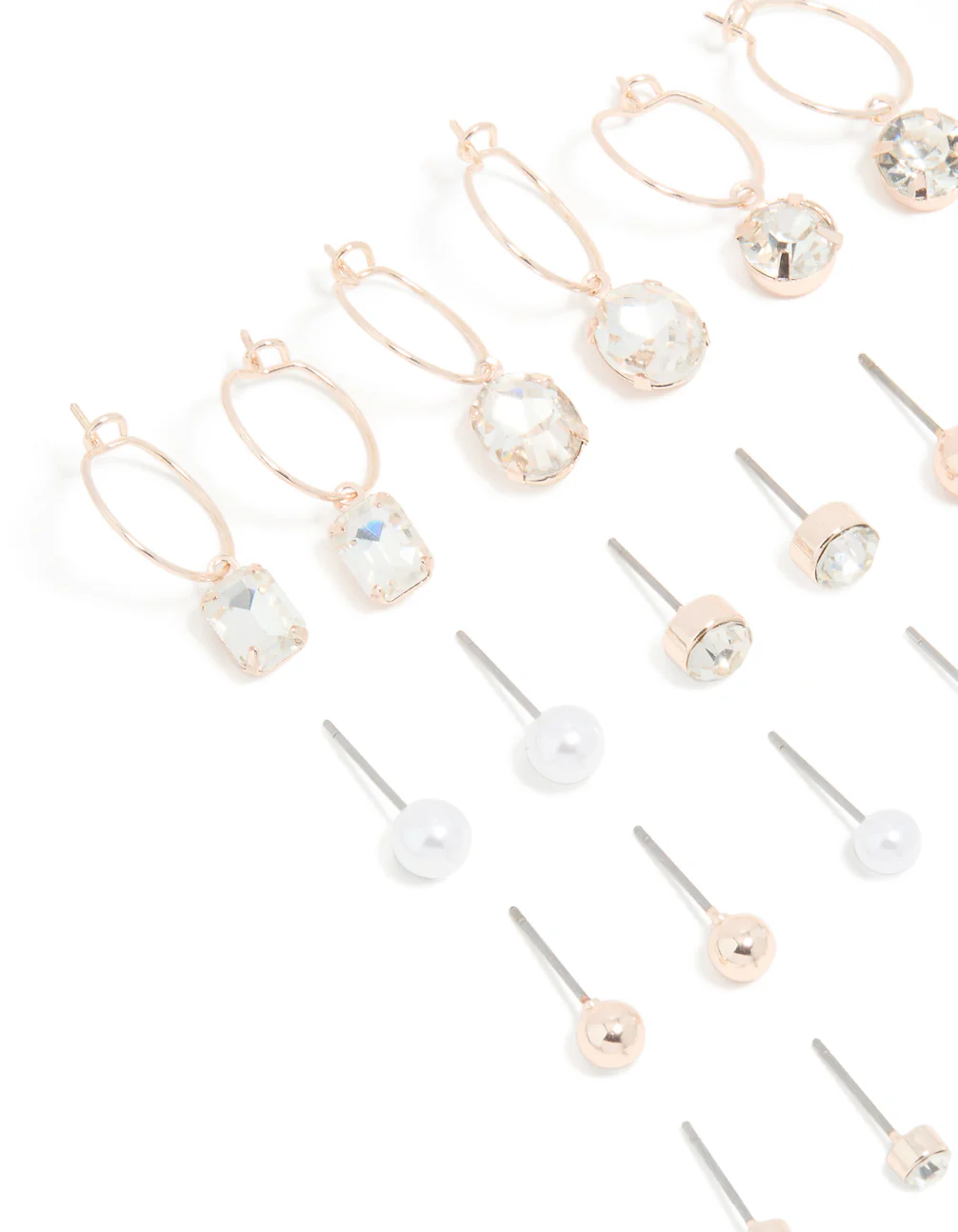 Rose Gold Diamante Pearl Ball Hoop & Stud Earrings 12-Pack - Image 2