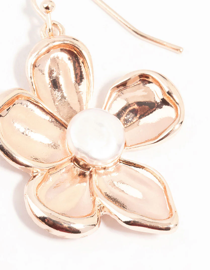 Rose Gold Flower Pearl Drop Earrings - Image 3